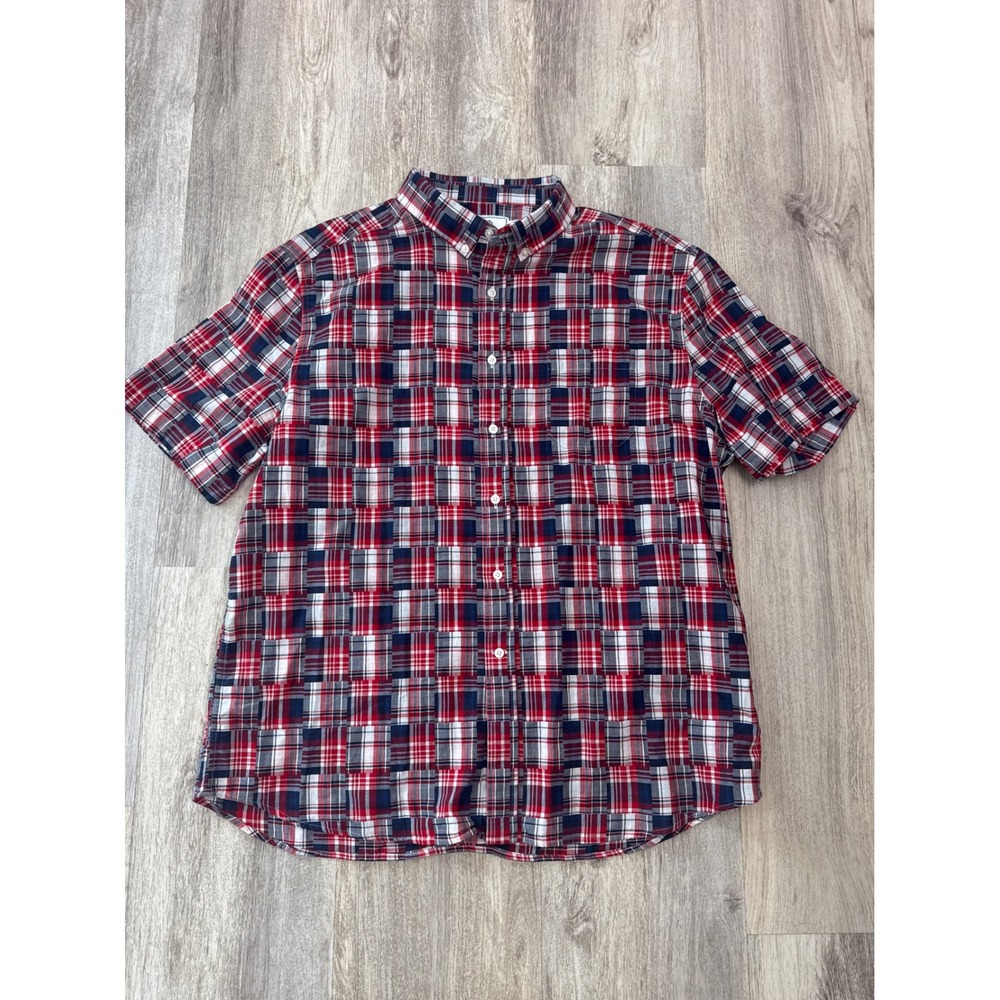 Southern Tide Mens XL Short Sleeve Patchwork Plaid Button Down Shirt Red Blue